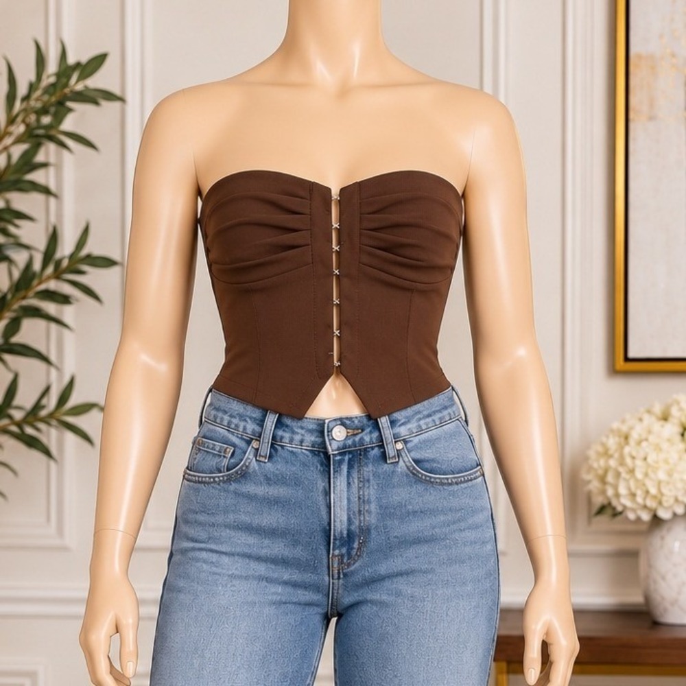 Tic Toc Women Corset Top Brown Pleated Hook Eye Strapless Small